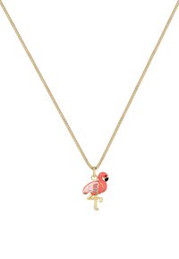 Gouden ketting met een flamingo hanger, met roze emaille op het lichaam van de vogel, zwarte accenten en een delicate ketting.