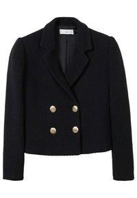 Czarny blazer o fakturowanej powierzchni z podwójnym zapięciem, zdobiony guzikami w kolorze złotym, z wyłami i wyraźnie uformowanymi ramionami.