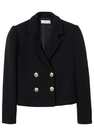 Musta teksturoitu bleiseri, jossa on kaksirivinen muotoilu, kultasävyiset napit, taitetut kaulukset ja jämäkät hartiat.