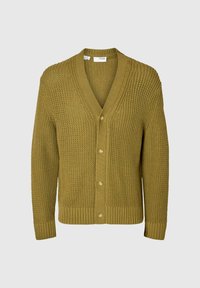 Knappad olivgrön stickad cardigan med texturmönster, ribbade muddar, nederkant och V-ringning på ljus enfärgad bakgrund.