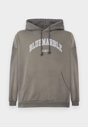 Olive green hoodie with a front pocket, drawstring hood, and white "BLUEMARBLE EST. 2015" graphic. Features ribbed cuffs and hem.