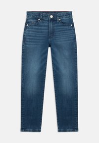 Tumedad sinised teksad, mis on valmistatud denimist, sirge lõikega, viie-taskuga disainiga ning metallist detailidega, mille esiosas on kerge kulumine.