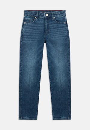 Tmavě modré džíny z denimu, s rovným střihem, pěti kapsami a kovovými doplňky, s mírným vyblednutím na přední části.