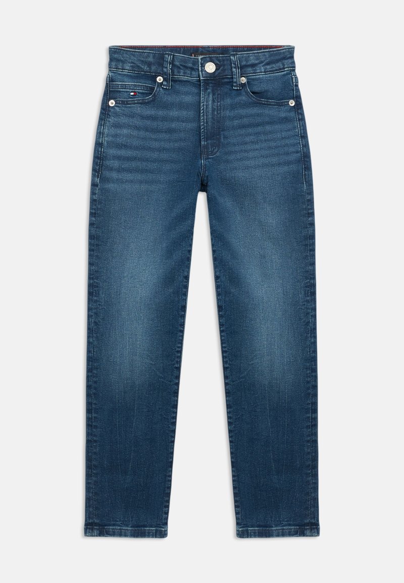 Tumedad sinised teksad, mis on valmistatud denimist, sirge lõikega, viie-taskuga disainiga ning metallist detailidega, mille esiosas on kerge kulumine.