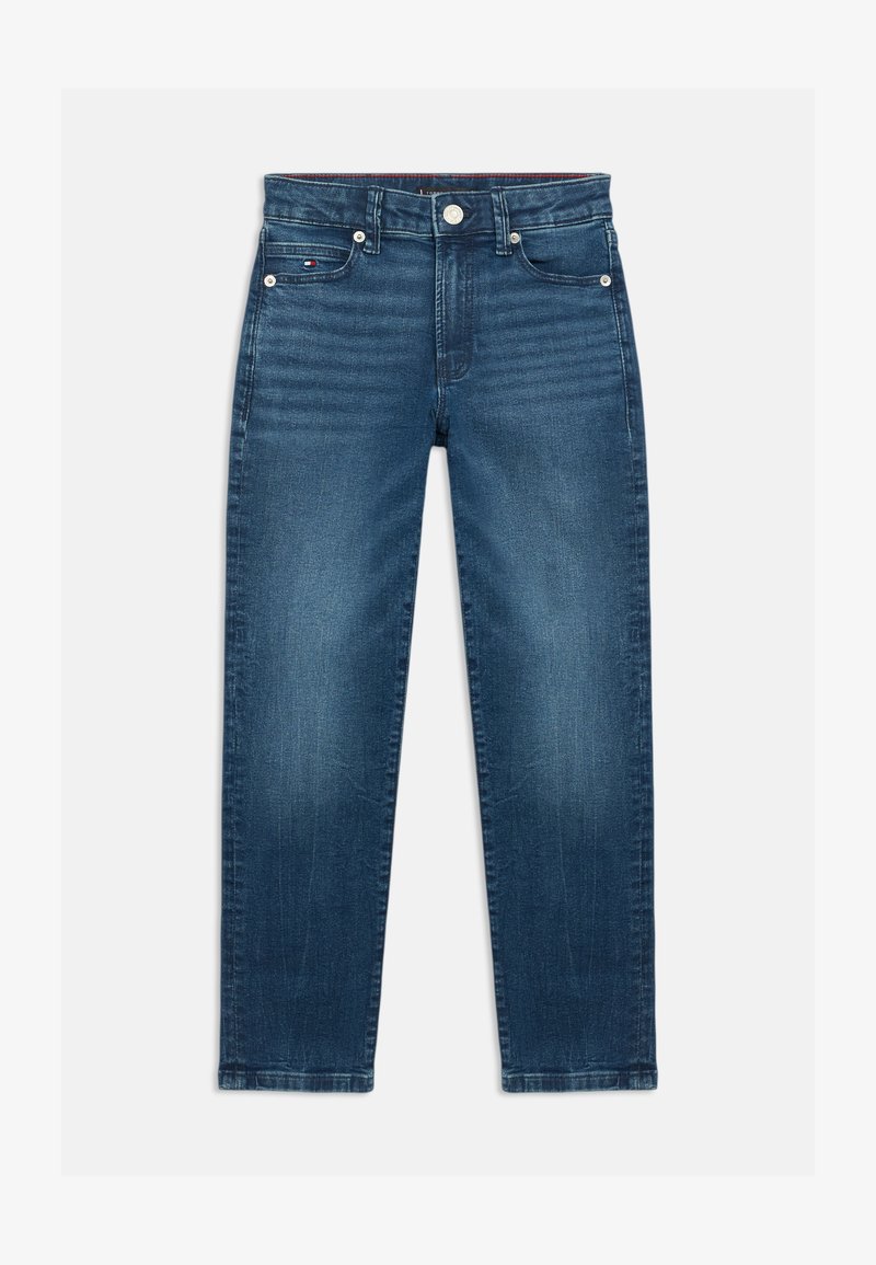 Tumedad sinised teksad, mis on valmistatud denimist, sirge lõikega, viie-taskuga disainiga ning metallist detailidega, mille esiosas on kerge kulumine.