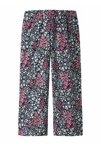 Bloemmotief broek met een marineblauwe achtergrond, versierd met roze, witte en lichtblauwe bloemen. Elastische tailleband en wijde broekspijpen.