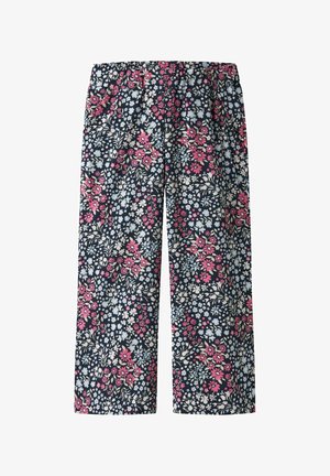 Floral print trousers with a navy background featuring pink, white, and light blue flowers. Elastic waistband and wide-leg design.