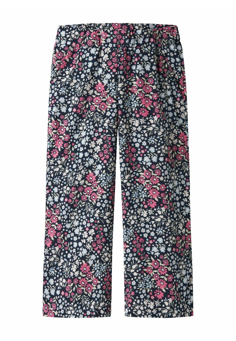 Bloemmotief broek met een marineblauwe achtergrond, versierd met roze, witte en lichtblauwe bloemen. Elastische tailleband en wijde broekspijpen.