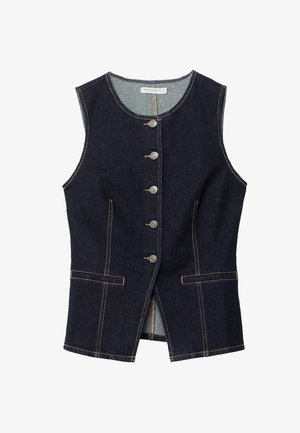 Temna denim brezrokavnik z okroglim izrezom, petimi srebrnimi gumbi spredaj in dvema sprednjima žepoma; bele niti poudarjajo detajle.