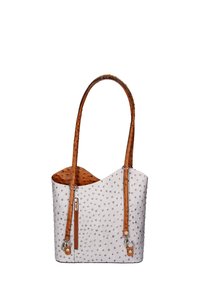 Tote bag blanc texturé avec une finition lisse, anses en cuir marron et un détail de poche zippée. Présente des embellissements ronds à l'extérieur.