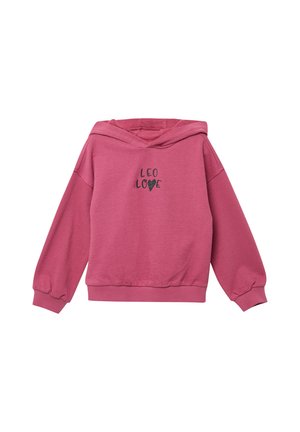 Rosa Sweatshirt mit Kapuze, langärmlig und im entspannten Schnitt. Vorn mit schwarzem Text "LEO LOVE". Weiches, strukturiertes Material.