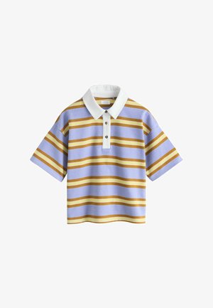 Rövid ujjú galléros póló fehér gallérral, gombolószegéllyel és világoslila, mustársárga, valamint fehér vízszintes csíkokkal.