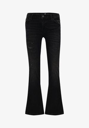 Zwarte flared jeans gemaakt van denim met een hoge taille, voorzien van voorzakken en subtiele slijtplekken voor een gestructureerde uitstraling.