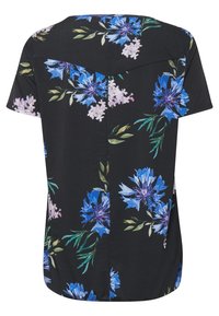 Chemise noire à manches courtes avec un motif floral bleu et blanc et des feuilles vertes dans le dos.