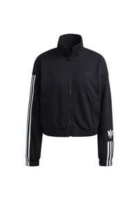Black zip-up jacket made of soft fabric, featuring a high collar, white three-stripe design on sleeves, and white Adidas logo on chest and sleeve.