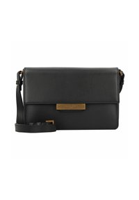 Black leather crossbody bag with a smooth texture, rectangular shape, and a gold-tone hardware accent featuring a brand plaque.