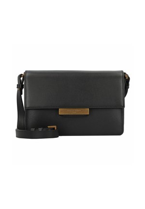 Black leather crossbody bag with a smooth texture, rectangular shape, and a gold-tone hardware accent featuring a brand plaque.