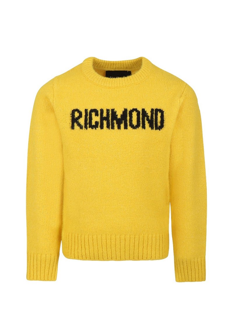 Maglione giallo lavorato a maglia con scollatura e orlo a coste, con la scritta "RICHMOND" stampata in nero sul petto. Texture morbida.