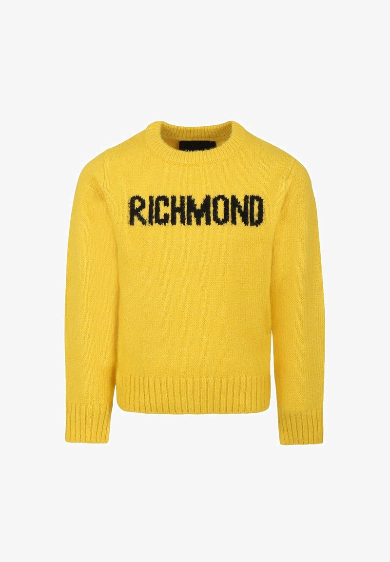 Maglione giallo lavorato a maglia con scollatura e orlo a coste, con la scritta "RICHMOND" stampata in nero sul petto. Texture morbida.