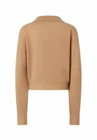 Maglione corto a maniche lunghe di un colore beige chiaro. Texture lavorata a maglia con un colletto sottile e polsini e orlo a coste.