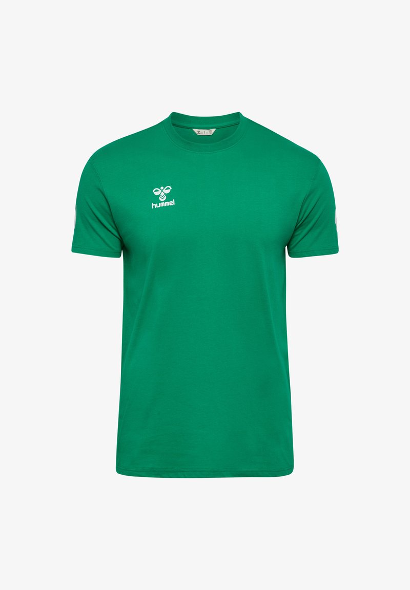 Grøn T-shirt med korte ærmer lavet af bomuld. Indeholder en hvid logo på brystet og rund hals. Glat tekstur med en afslappet pasform.