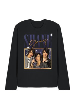 Black long-sleeve shirt with graphic of three young men holding microphones, with text "SHANE Gray" and lightning effects.