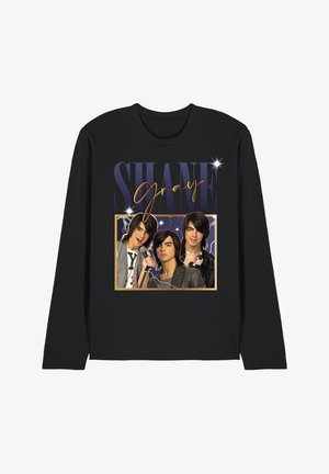 Black long-sleeve shirt with graphic of three young men holding microphones, with text "SHANE Gray" and lightning effects.