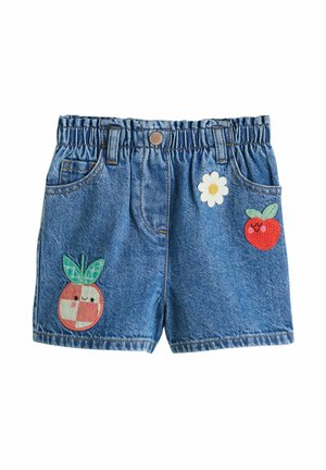 Denimshorts til småbørn med elastik i taljen, forreste knap, to lommer og broderede mærker af en tusindfryd, et rødt æble og en ternet frugt med blade.