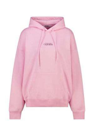 Lichtroze hoodie met voorzak en "Botanical Garden California" tekst gedrukt in kleine zwarte letters op de borst.