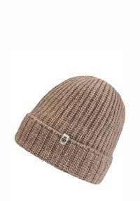 Brown knitted beanie hat with a ribbed texture, fold-up cuff, and a small branded tag on the front. Soft, warm material.