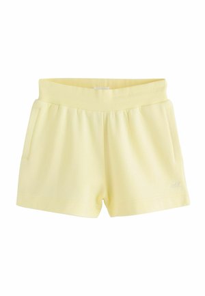Hellgelbe Freizeitshorts mit geripptem elastischem Bund, Seitentaschen und dezentem Markenlogo am unteren linken Bein.