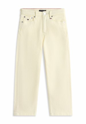 Ecru spodnie jeansowe o prostych nogawkach z pięcioma kieszeniami, srebrnymi nitami, zapięciem na guzik oraz subtelnymi detalami z logo flagi Tommy Hilfiger.