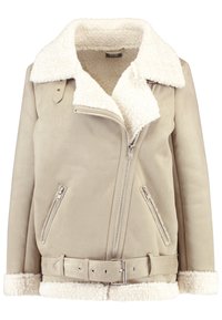 Beige shearling-lined jacket with a wide collar, front zipper, two side pockets, and a belted waist; features soft textured fabric.