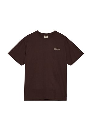 Brown cotton t-shirt with a crew neckline and short sleeves. Features a small white printed logo detailing on the left chest.
