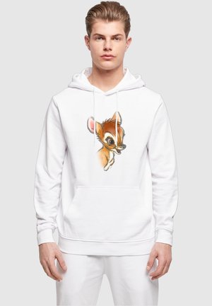 White hooded sweatshirt featuring a graphic of a cartoon deer on the front. It has a kangaroo pocket and ribbed cuffs.