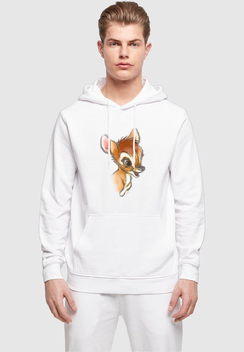 Sudadera blanca con capucha que presenta un gráfico de un ciervo de dibujos animados en el frente. Tiene un bolsillo tipo canguro y puños acanalados.