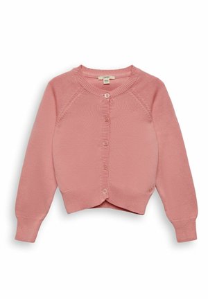 Lyserød strikket crop cardigan med lange ærmer, rund halsudskæring og fem knapper foran, ribbede manchetter og kant.