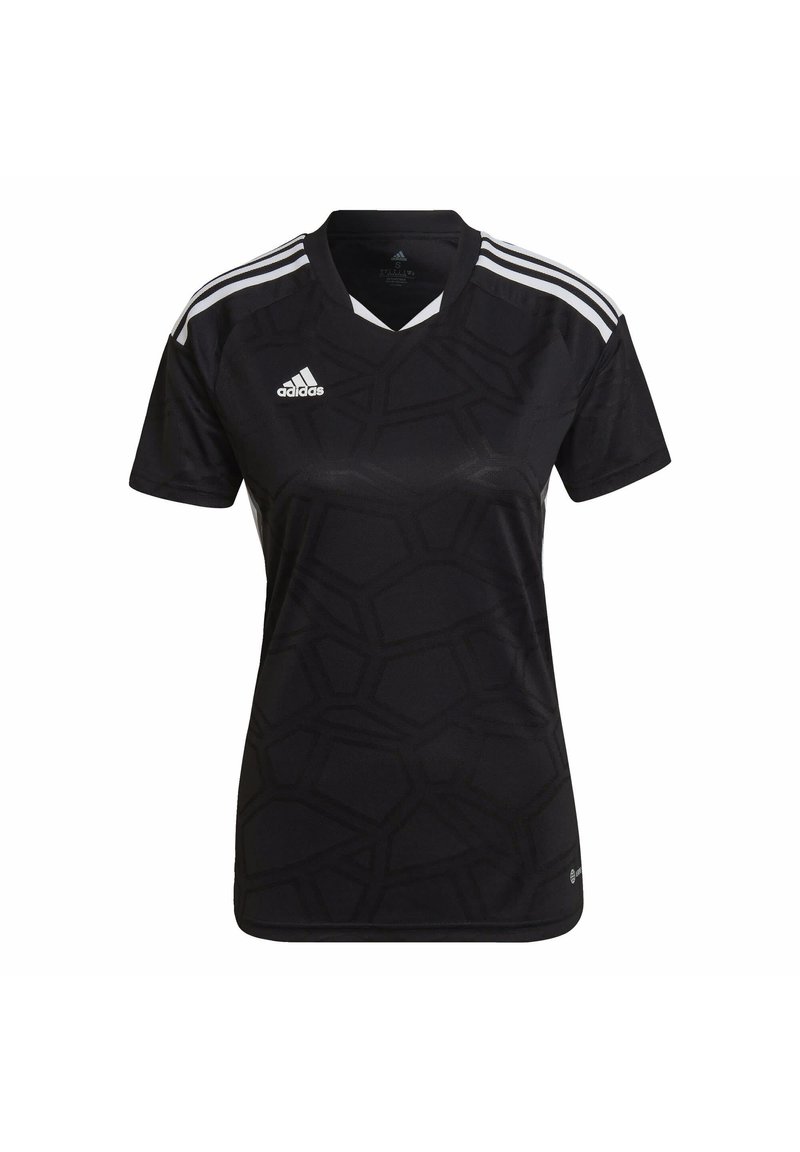 Jersey deportivo negro de adidas con un patrón geométrico texturizado, diseño de cuello en V y tres rayas blancas en cada hombro.