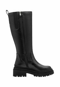 Black leather knee-high boots featuring a side zipper, chunky platform sole, and reinforced stitching, with a smooth texture and sleek design.
