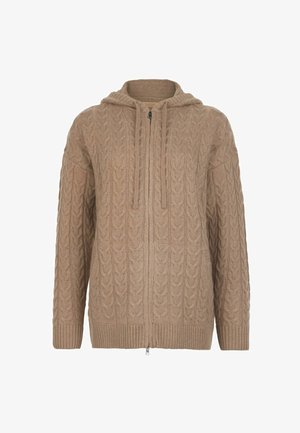 Beige strikket hoodie med et kabelstrik mønster, lynlås foran, ribbede manchetter og kant, samt snore i hætten. Blød tekstur.