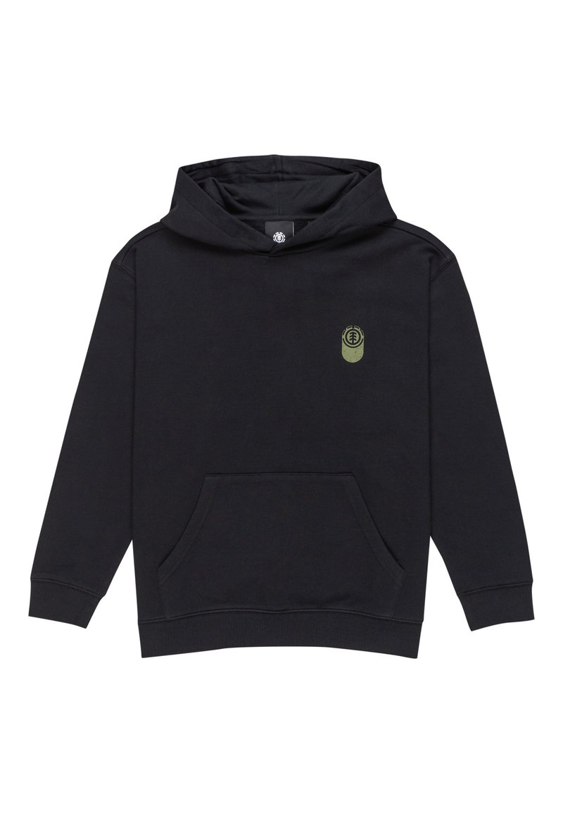 Felpa nera con cappuccio realizzata in tessuto morbido, dotata di una grande tasca frontale, polsini a coste e un piccolo logo verde sul petto.