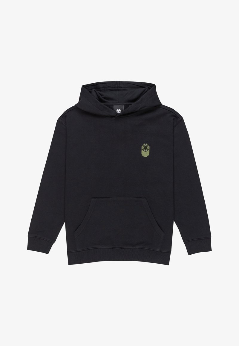 Felpa nera con cappuccio realizzata in tessuto morbido, dotata di una grande tasca frontale, polsini a coste e un piccolo logo verde sul petto.