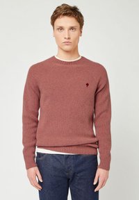 Junger Mann, der einen gerippten mauvefarbenen Pullover mit einem kleinen Baum-Logo und dunkelblauen Jeans trägt, vor einem schlichten hellen Hintergrund steht.
