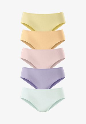Cinque paia di mutande senza cuciture in misto cotone nei colori pastello: giallo, pesca, rosa, lavanda e verde menta. Texture liscia, design a vita bassa.