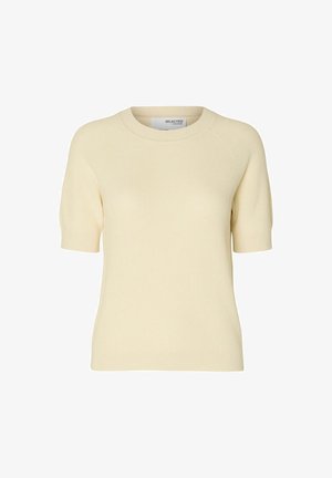 Šviesiai geltona raukinėta trumpomis rankovėmis megztinis su apvaliu iškirpimu ir raguotomis rankovėmis, pagamintas iš minkštos mezgimo medžiagos.