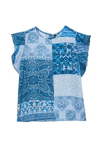 Top blu dal motivo a fantasie, con maniche corte. Presenta una miscela di design paisley e floreali in diverse tonalità di blu e celeste.