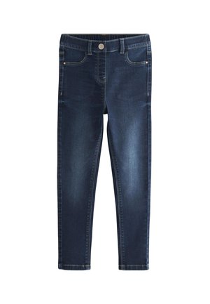 Mørkeblå skinny jeans med forlommer, bæltestropper og knaplukning, vist på en hvid baggrund.