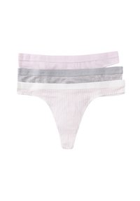 Trois paires de sous-vêtements thong pour femmes en rose clair, gris et blanc, avec une taille élastique douce arborant le logo "women's secret". L'une des paires présente un motif à rayures légères.