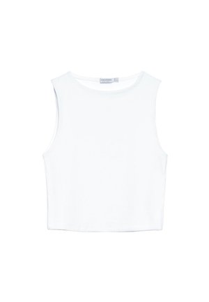 White, sleeveless crop top made from a smooth, stretchy fabric; features a round neckline and a straight hem. Clean, simple design.