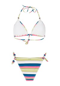 Bikini set obsahující bílý trojúhelníkový top s vícebarevnými pruhovanými šňůrkami a odpovídající spodní díl s modrými, zelenými a růžovými pruhy.